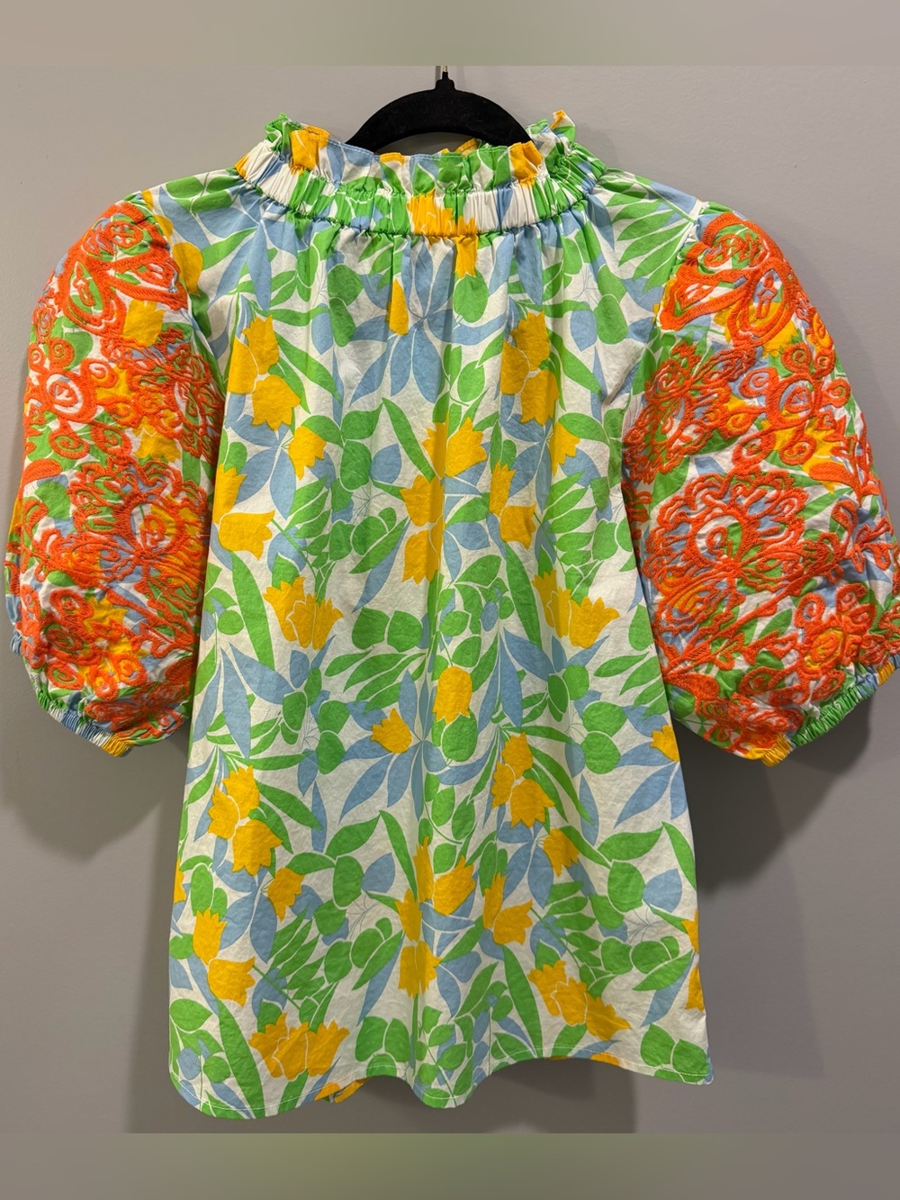 THML Floral Embroidered Puff Sleeve Ruffle Collar Blouse White Orange Multi S